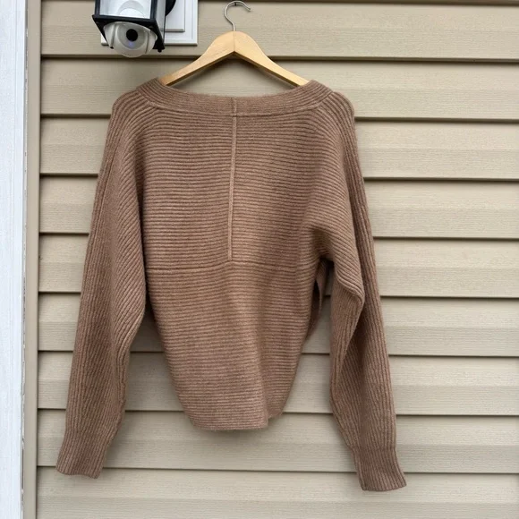Brochu Walker Camel Ribbed Crossover Knit Wool Blend Sweater Top